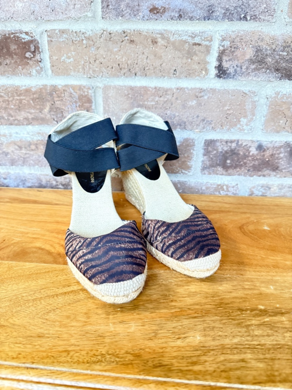 Adrienne Vittadini Brown Tiger-Print Espadrille Wedges with Black Ankle Straps
